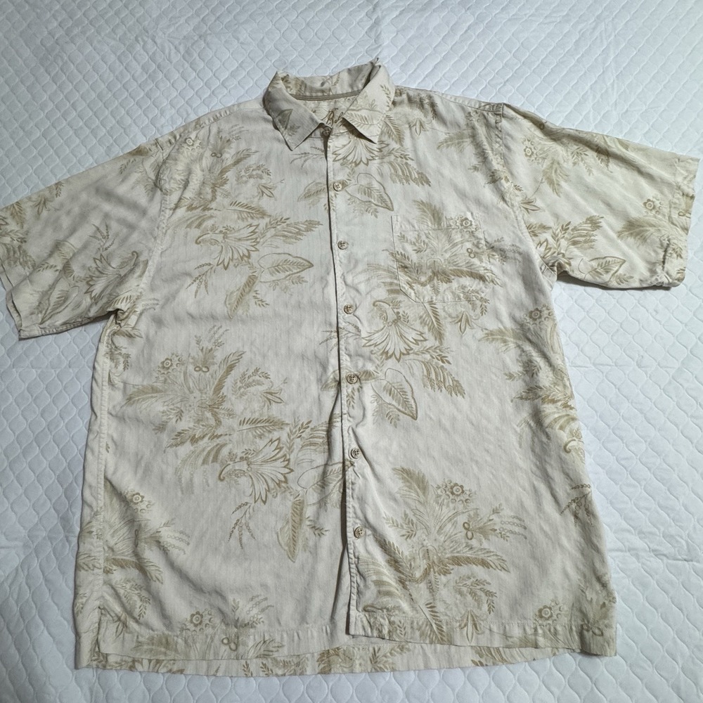 Tommy Bahama Silk XL Shirt Ivory Beige Brown Tropical Palm Hawaii Wedding Beach